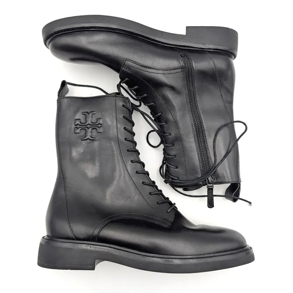 Tory Burch Double-T Lace-Up Combat Boots Women's Black Size US8M EU38.5